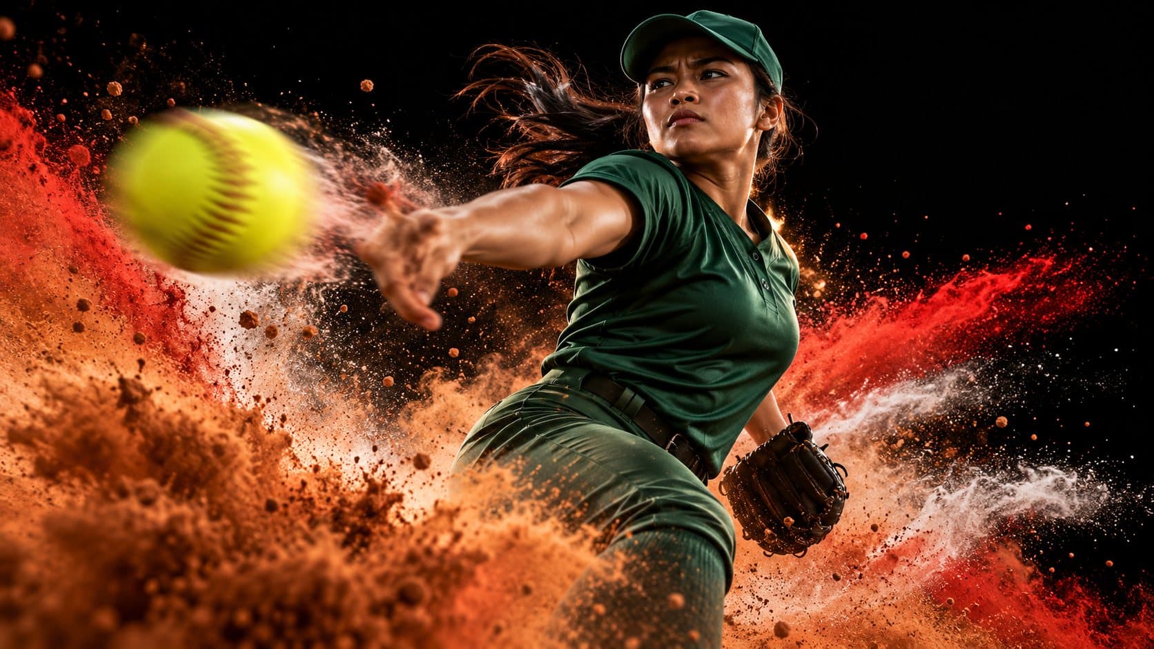 Pitcher softball melepaskan bola di tengah semburan tanah liat